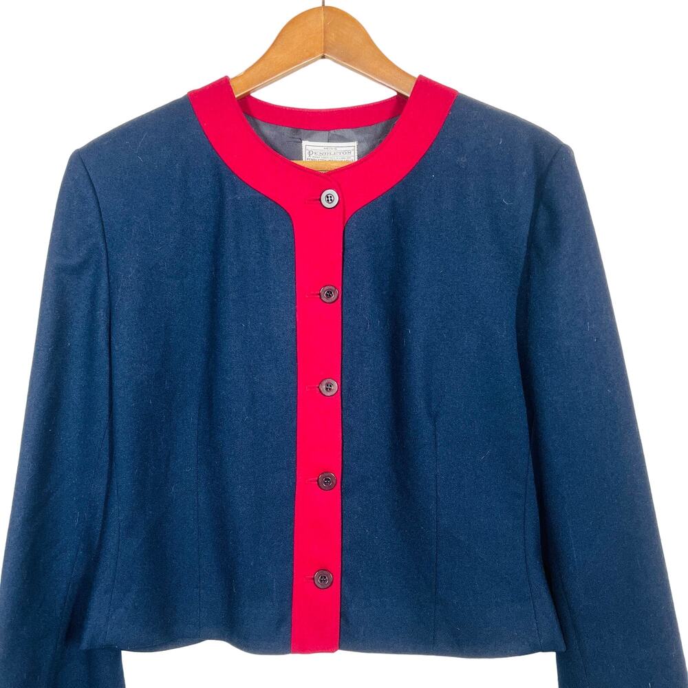 Vintage Miss Pendleton Virgin Wool Blazer Navy Maroon Button Front - M